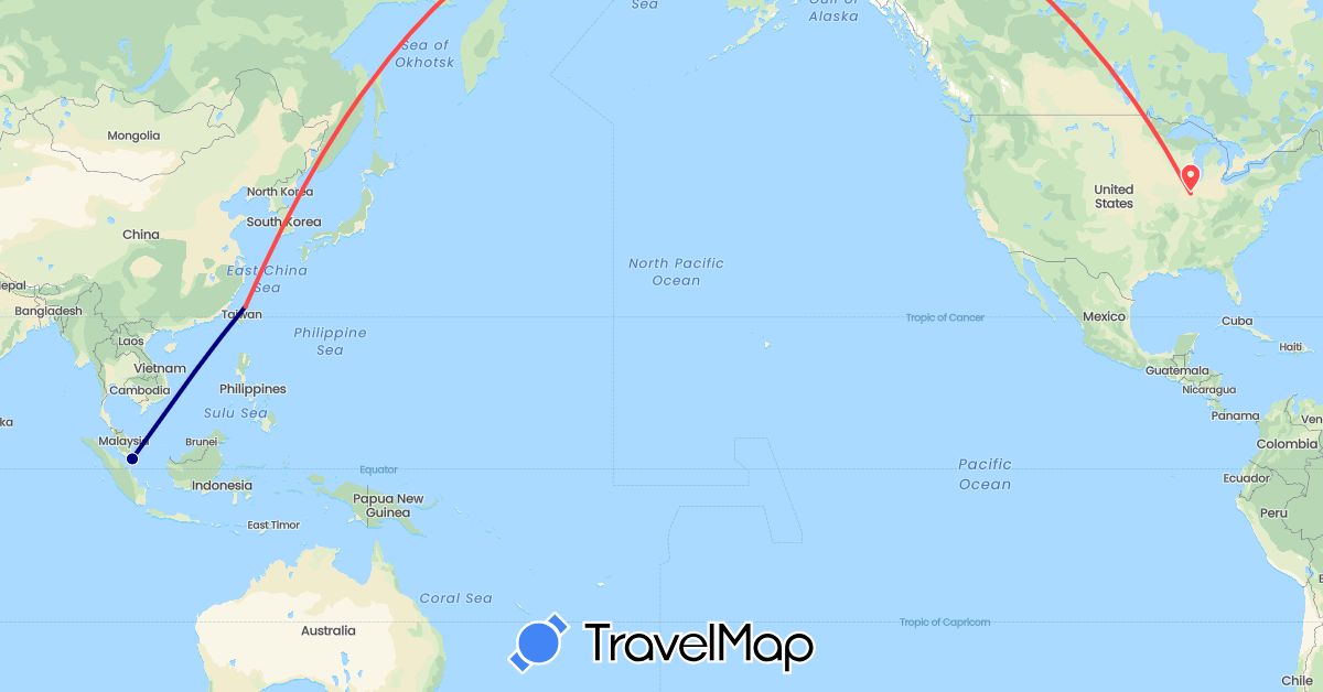 TravelMap itinerary: driving, hiking in Malaysia, Taiwan, United States (Asia, North America)